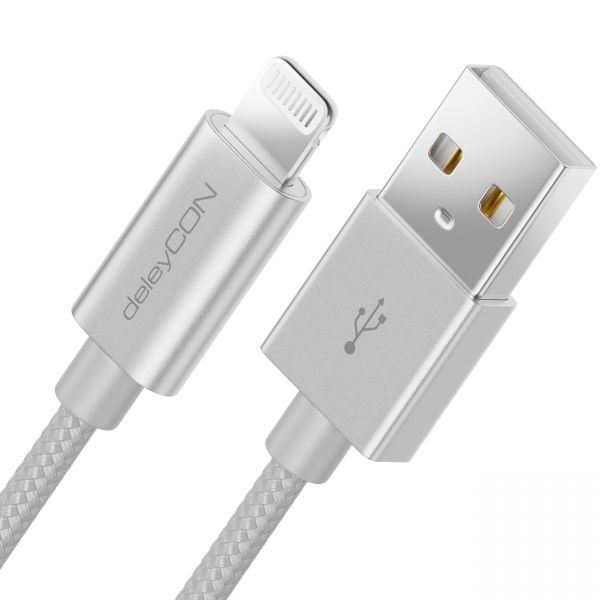 deleyCON 0,5m Apple iPhone USB Ladekabel Datenkabel Nylon Metallstecker Silber