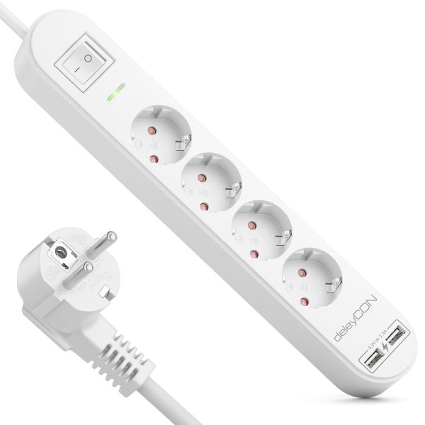deleyCON 5m 4 Fach Steckdosenleiste mit USB &amp; EIN/AUS Schalter Weiß