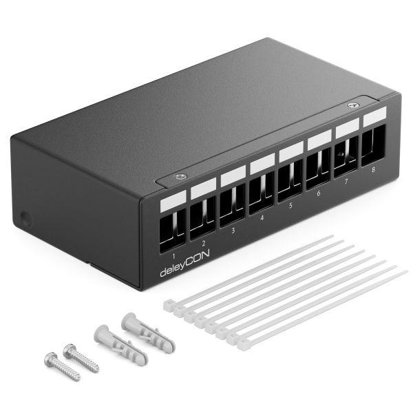deleyCON 8 Port Patchpanel Gehäuse 1HE Keystone Module z.B. RJ45 BNC Schwarz