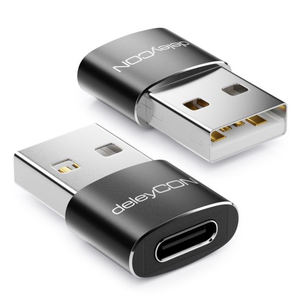 deleyCON 2x USB2.0 Mini Adapter USB zu USB C-Buchse Notebook Aluminium Schwarz