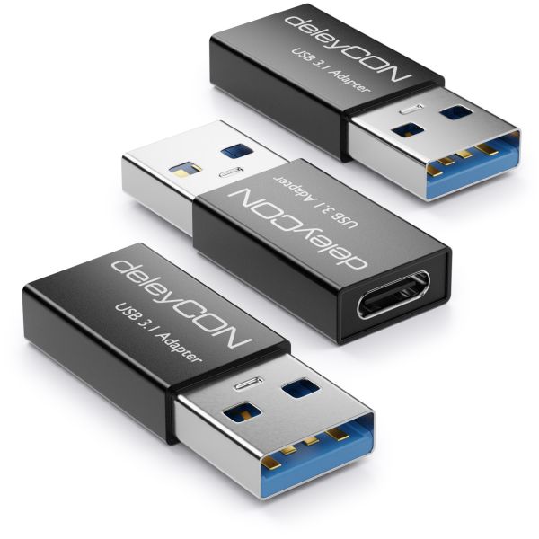 deleyCON 3x USB3.1 Adapter USB A zu USB C-Buchse 5Gbit/s Aluminium Schwarz