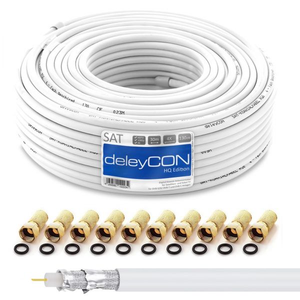deleyCON 30m HQ SAT Kabel HDTV 130dB 4x geschirmt + 10x F-Stecker - vergoldet