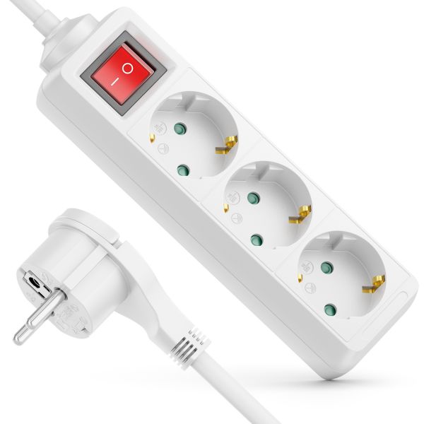 deleyCON 3 Fach Steckdosenleiste mit Flachstecker &amp; EIN/AUS Schalter Weiß