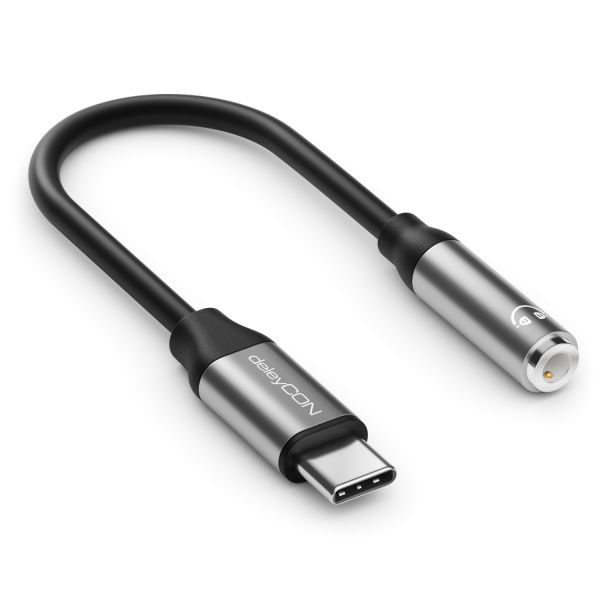 deleyCON USB-C auf 3,5mm Audio ALU Adapter (DAC, TRRS, Typ-C, Schwarz/Grau)