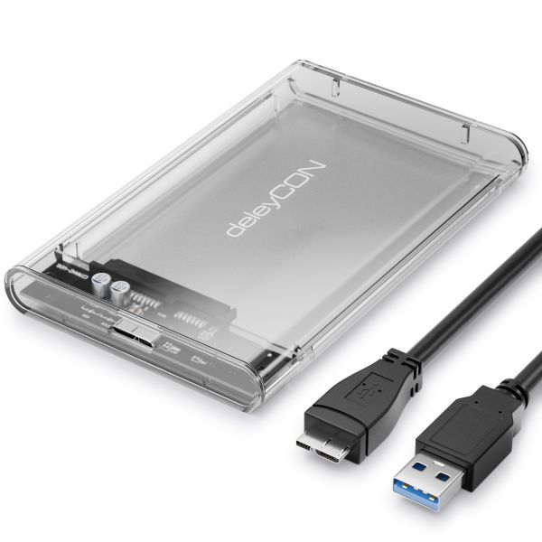 deleyCON Festplattengehäuse 2,5“ SATA3 HDD SSD 7mm 9,5mm Micro-USB Transparent