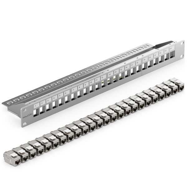 deleyCON 24 Port Patchpanel + 24x Keystone Module im Set 1HE 19 Zoll Grau