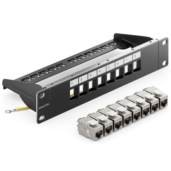 deleyCON 8 Port CAT 8 Patchpanel Set 10 Zoll 1 HE 40 Gbit/s 2000MHz