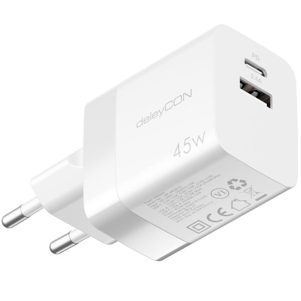 deleyCON Ladegerät USB A &amp; C 2 Port 45W Schnellladegerät Netzteil für Handy