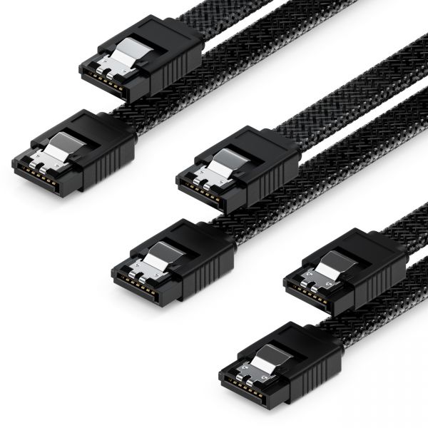 deleyCON 3x 30cm SATA 3 Kabel Nylon Set 6 Gbit/s 2 L-Stecker Gerade