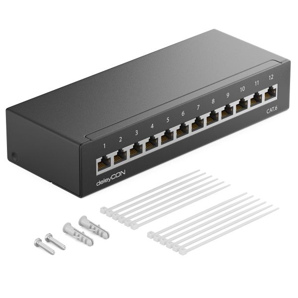 deleyCON CAT6 Patchpanel 12 Port Desktop Wandmontage Geschirmt 12x RJ45 Schwarz