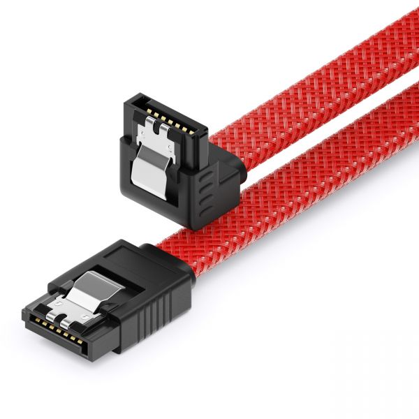 deleyCON 60cm SATA 3 Kabel Nylon 6Gbit/s HDD SSD 1 L-Stecker 90° Gewinkelt Rot