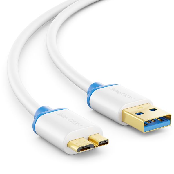 deleyCON 0,5m Micro USB 3.0 Datenkabel USB A-Stecker zu Micro B-Stecker Weiß