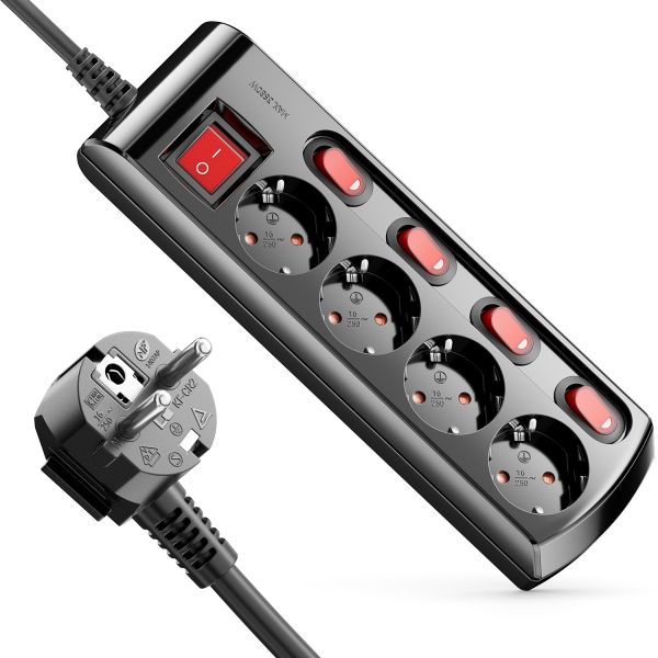 deleyCON 4 Fach Steckdosenleiste 3,0m Kabel 4x Ein/Aus und 1x Hauptschalter