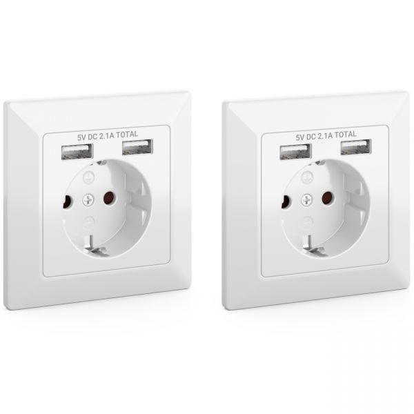 deleyCON 2x Einbausteckdose mit 2x USB Wandsteckdose Schutzkontakt Steckdose