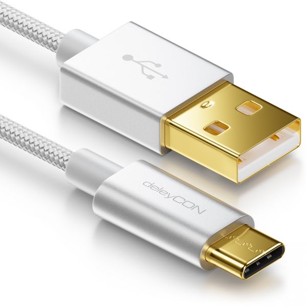 deleyCON USB C Kabel 2m Nylon + Metallstecker auf USB 2.0 (Typ-A) - Silber