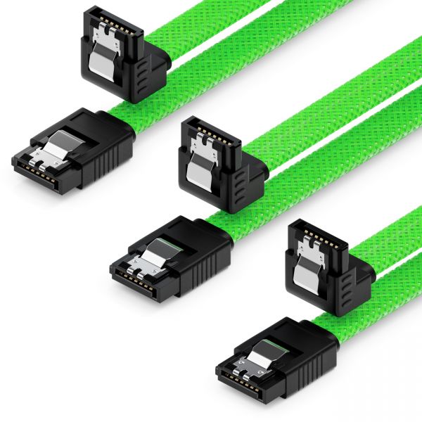 deleyCON 3x 50cm SATA 3 Nylon Kabel HDD SSD 1 Stecker 90° Gewinkelt Grün