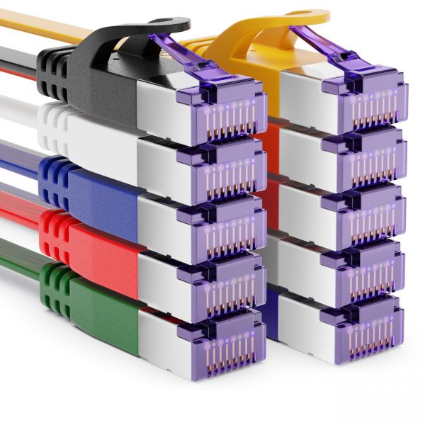 deleyCON 10x 0,5m RJ45 Patchkabel Flachkabel mit CAT7 Rohkabel U/FTP Bunt
