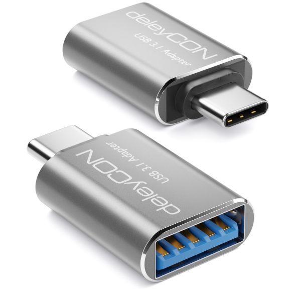 deleyCON 2x USB3.1 Adapter USB C zu USB A-Buchse 5Gbit/s OTG Aluminium Silber