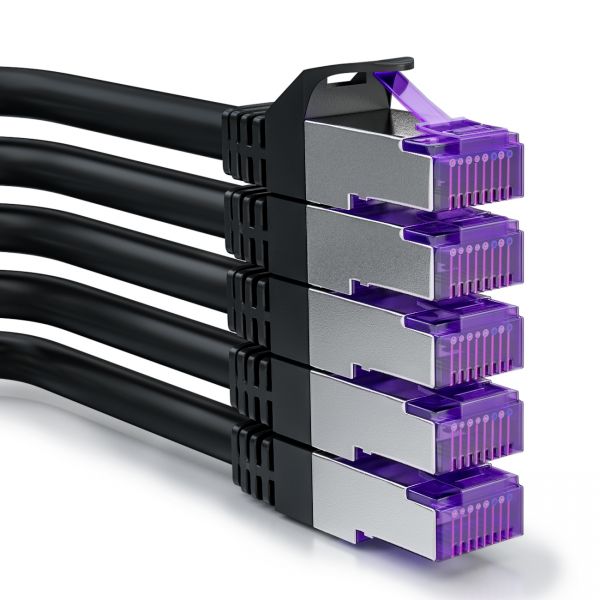 deleyCON 5x 0,25m RJ45 Patchkabel SFTP Netzwerkkabel mit CAT7 Rohkabel Schwarz
