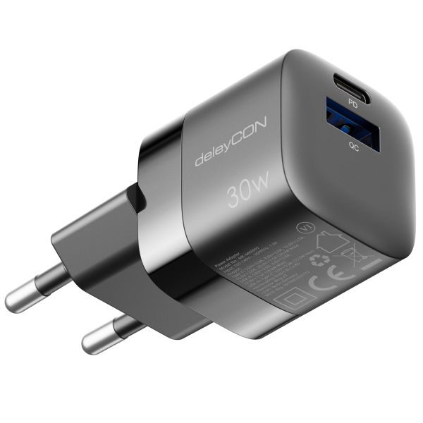 deleyCON Ladegerät USB A &amp; C 2 Port 30W Schnellladegerät GaN USB Netzteil