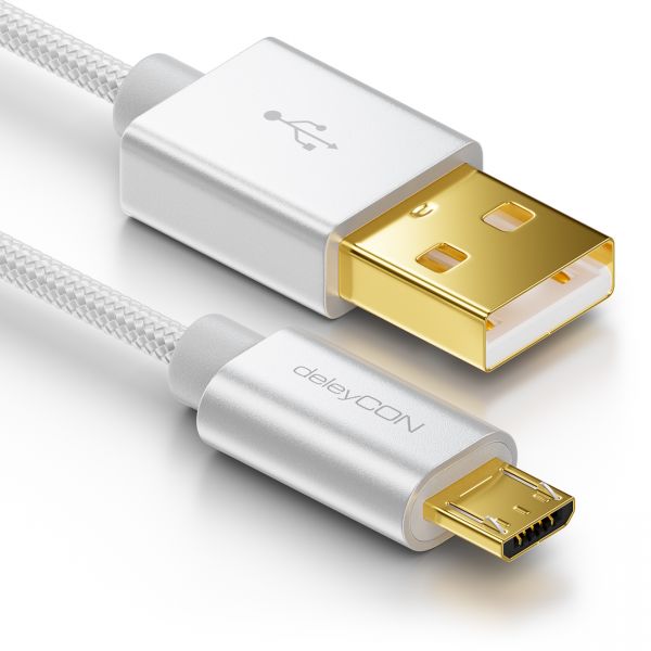 deleyCON Micro USB Kabel 2m Nylon + Metallstecker - Silber
