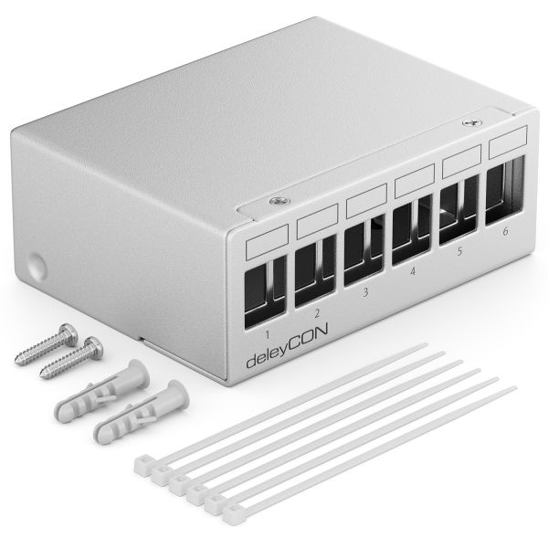 deleyCON 6 Port Patchpanel Gehäuse 1HE Keystone Module mit z.B. RJ45 BNC Grau