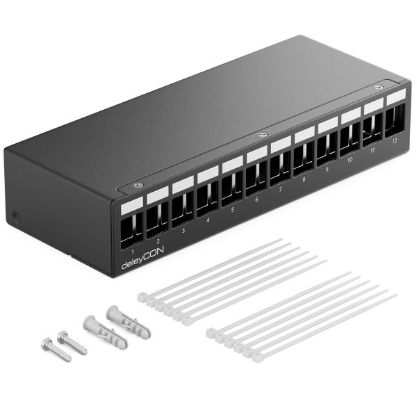 deleyCON 12 Port Patchpanel Gehäuse 1HE Keystone Module z.B. RJ45 BNC Schwarz