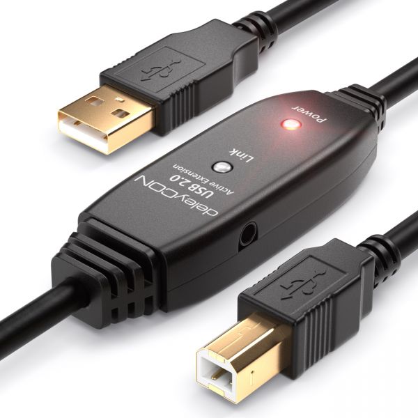 deleyCON 15m Akives USB Druckerkabel USB2.0 USB-A zu B-Stecker Printer Schwarz
