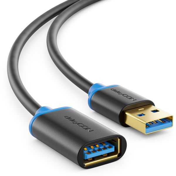 deleyCON 2m USB3.0 Verlängerungskabel 5Gbit USB A-Stecker zu A-Buchse Schwarz