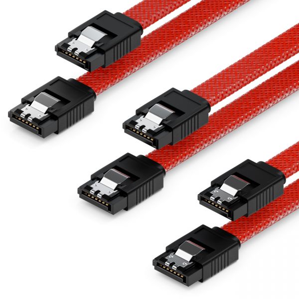 deleyCON 3x 50cm SATA 3 Nylon Kabel HDD SSD 6Gbit/s 2 Stecker Gerade Rot