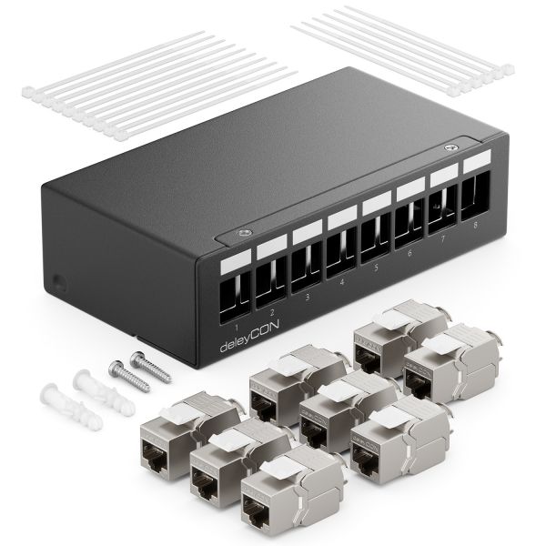 deleyCON 8 Port CAT7 Patchpanel Set mit 8x CAT.7 RJ45 Keystone Jack Modul