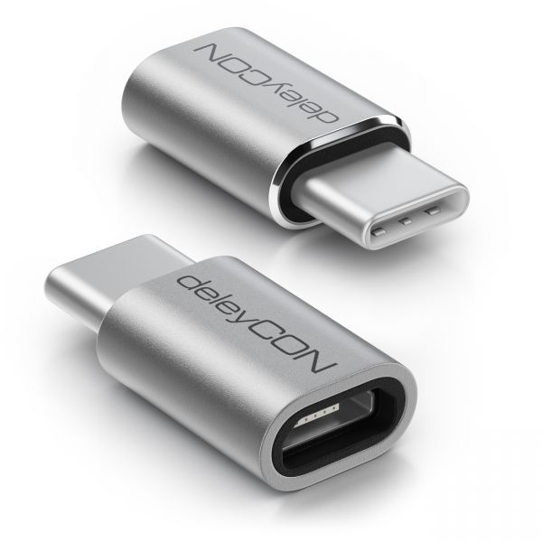 deleyCON 2x Micro USB auf USB-C Adapter aus Alu Handy Smartphone Tablet Silber