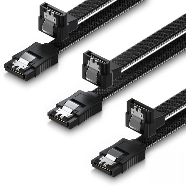deleyCON 3x 50cm SATA 3 Nylon Kabel HDD SSD 1 Stecker 90° Gewinkelt Schwarz