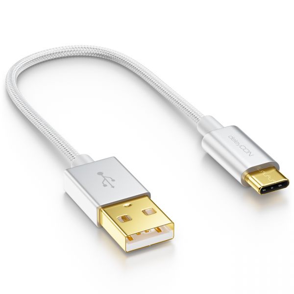 deleyCON USB C Kabel 0,15m Nylon + Metallstecker auf USB 2.0 (Typ-A) - Silber