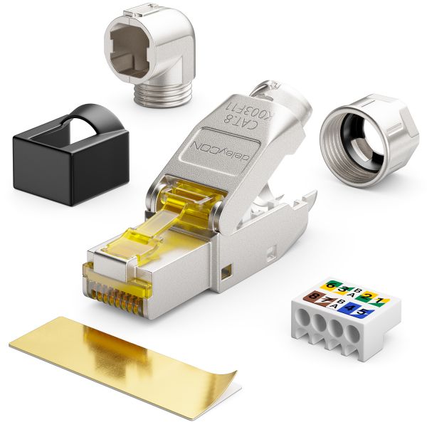 deleyCON 4x CAT8 Netzwerkstecker 90° Winkel RJ45 40Gbit/s Stecker für Rohkabel