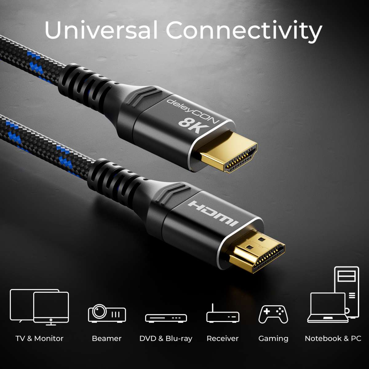 DeleyCON Câble HDMI 2.1 Ultra High Speed 8K – 2m, 48 Gbps – Prend En Charge 8K@60Hz, 4K@120Hz, Dolby Atmos, EARC, HDR10 , VRR – Gaine En Nylon, Contacts Plaqués Or
