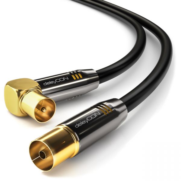 deleyCON HDTV TV Antennenkabel 10m Schwarz - 1x 90° gewinkelt Stecker zu Buchse