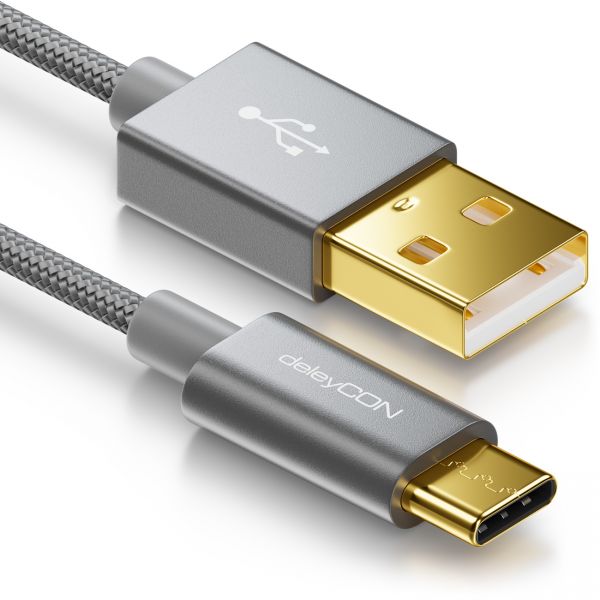 deleyCON USB C Kabel 2m Nylon + Metallstecker auf USB 2.0 (Typ-A) - Grau