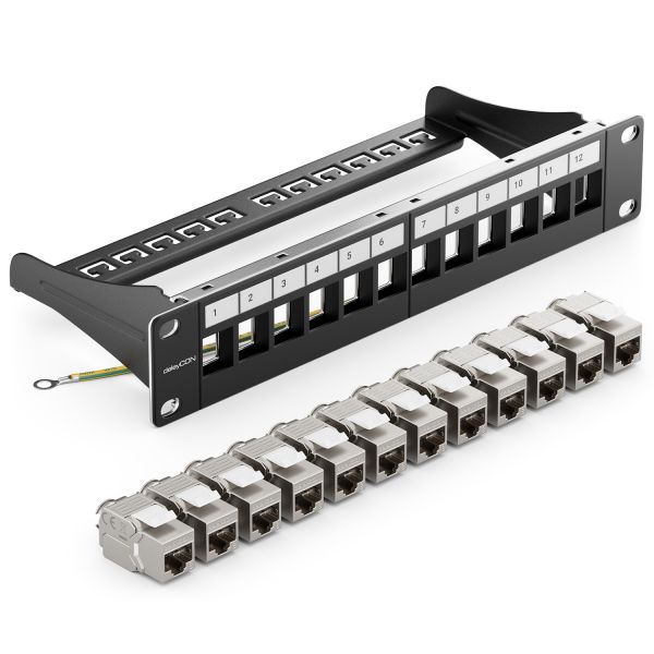 deleyCON 12 Port CAT 8 Patchpanel Set 10 Zoll 1 HE 40 Gbit/s 2000MHz