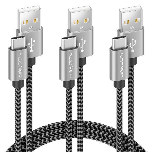 USB-C Kabel Set 3 Stück Nylon Ladekabel Datenkabel USB Typ C Handy Smartphone