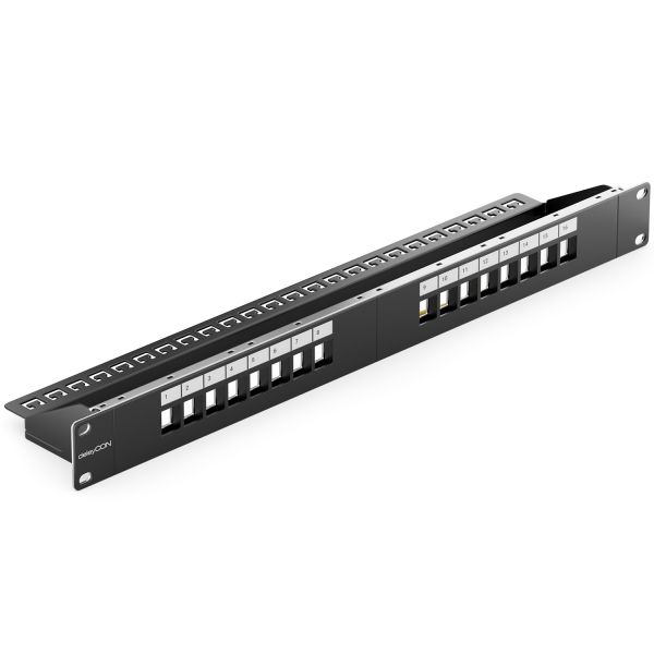 deleyCON 16 Port Patchpanel Modular für Keystone Module 1HE 19 Zoll Schwarz