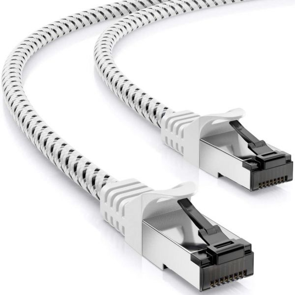 deleyCON 1,5m RJ45 Nylon Netzwerkkabel mit CAT7 Rohkabel S-FTP PiMF Weiß