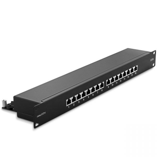 deleyCON CAT 6a Patchpanel 16 Port 19" Rack Server geschirmt 16x RJ45 Schwarz