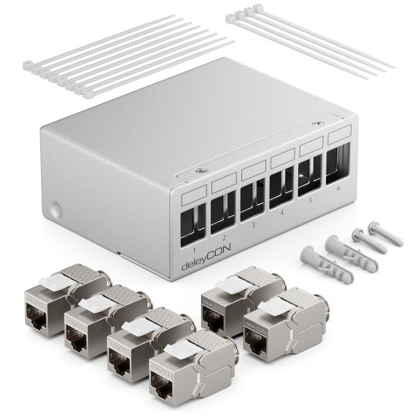 deleyCON 6 Port Patchpanel 1HE + 6x RJ45 Keystone Jack Modul STP CAT6a Grau