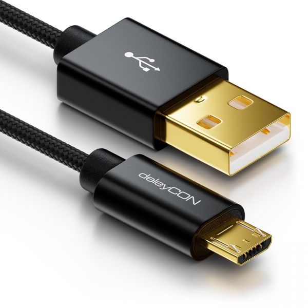 deleyCON Micro USB Kabel 0,5m Nylon + Metallstecker - Schwarz