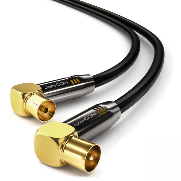 deleyCON HDTV TV Antennenkabel 1,5m Schwarz - 2x 90° gewinkelt Stecker zu Buchse