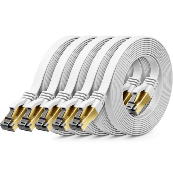 deleyCON 5x 2m CAT8 Flach Netzwerkkabel (40 Gbit/s, Kupfer, RJ45, Weiß)