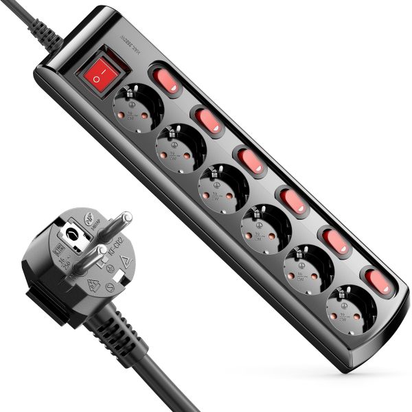 deleyCON 6 Fach Steckdosenleiste 3,0m Kabel 6x Ein/Aus und 1x Hauptschalter