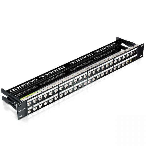 deleyCON 48 Port Patchpanel Modular für RJ45 Keystone Module 1HE 19 Zoll Schwarz