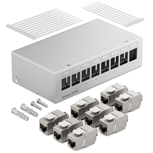 deleyCON 8 Port Patchpanel 1HE + 8x RJ45 Keystone Jack Modul STP CAT6a Grau